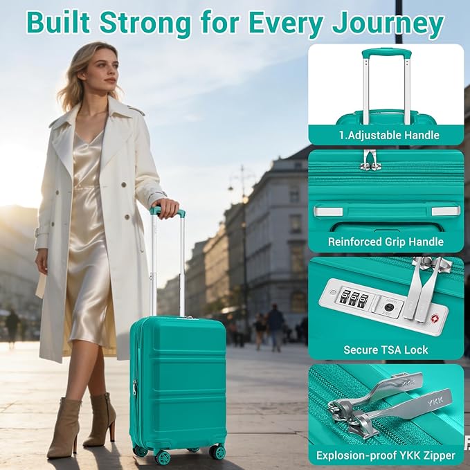 Kono Carry On Luggage 22x14x9 Airline Approved with Spinner Wheels,Lightweight PC+ABS 20 Inch Luggage with TSA Lock,Expandable Hard Shell Carry On Suitcases for Men Women,Turquoise