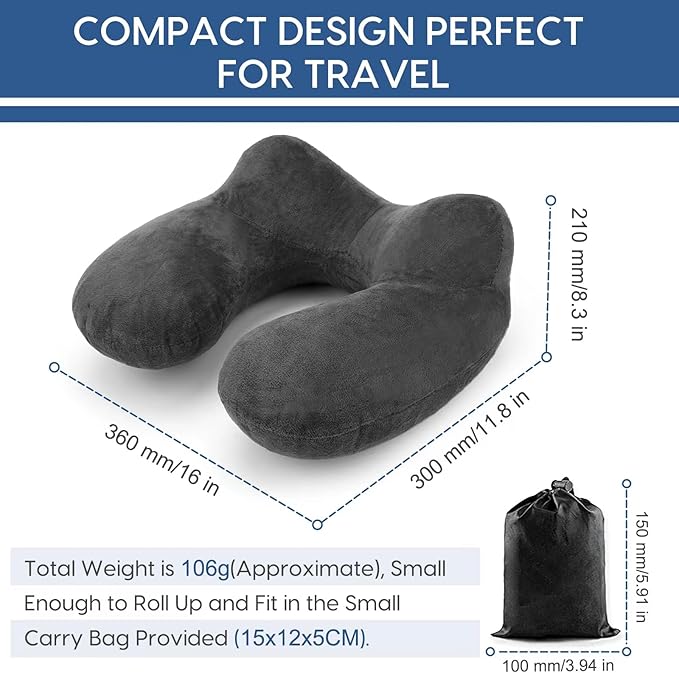 Inflatable Travel Pillow for Airplane Inflatable Neck Pillow for Traveling with Soft Velvet Washable Cover for Sleeping, Airplane,Train, Car, Office, Contoured Eye Masks, Earplugs (Dark Gray)