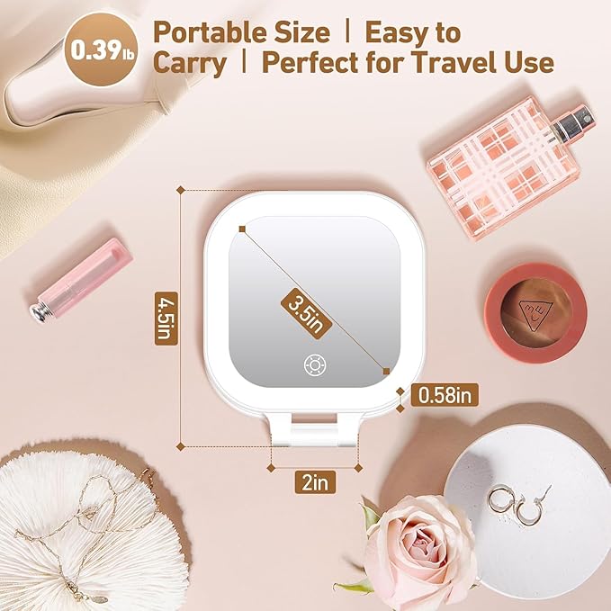GOMIPURU Travel Mirror with Light, Compact Mirrors, 1x/30x Magnifying Mirror with 3 Color Lights and Adjustable Brightness, 4.5x3.9 inch Small Compact Hangable Hand Pocket Mirrors, Comes with Tweezer