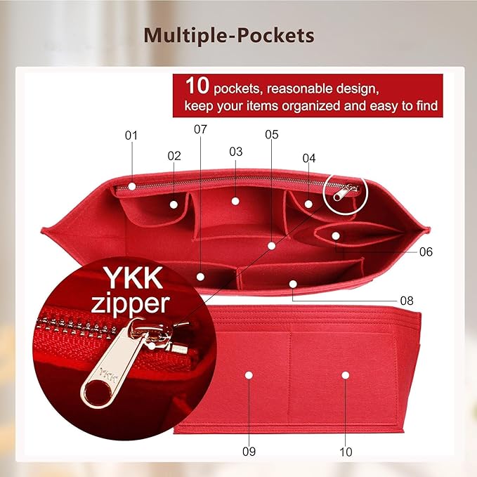 Purse Organizer Insert Compatible with Neverfull GM and More, Felt Bag Organizer Liner with Base Shaper for Tote Handbags, Red, XL