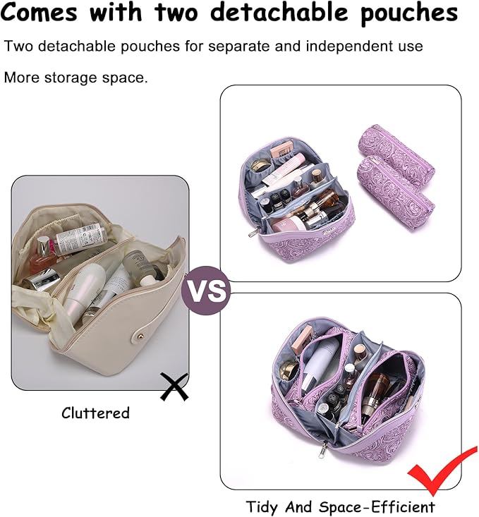 BOYATU Travel Makeup Bags Cosmetic Organizer Bag: 3 Pcs Set Large Capacity Floral Make up Bag with Compartments - Waterproof Leather Toiletry Bags with Handle for Women (21-Purple)
