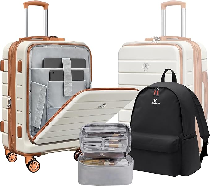 Classic 20" Carry-On with TSA Lock Spinner Wheels, Lightweight Hardside Expandable Suitcase with Front Open Pocket Compartment,Brown
