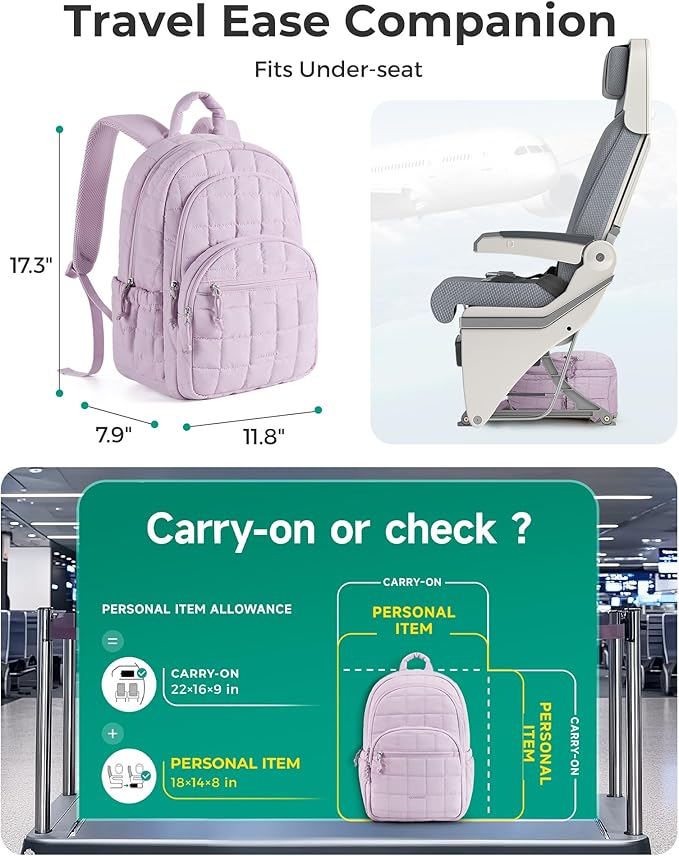BAGSMART College Laptop Backpack, Travel Backpack for Women, Quilted Casual Daypack, Water-Resistant Bookbag for 15.6 Inch Laptop, Lavender