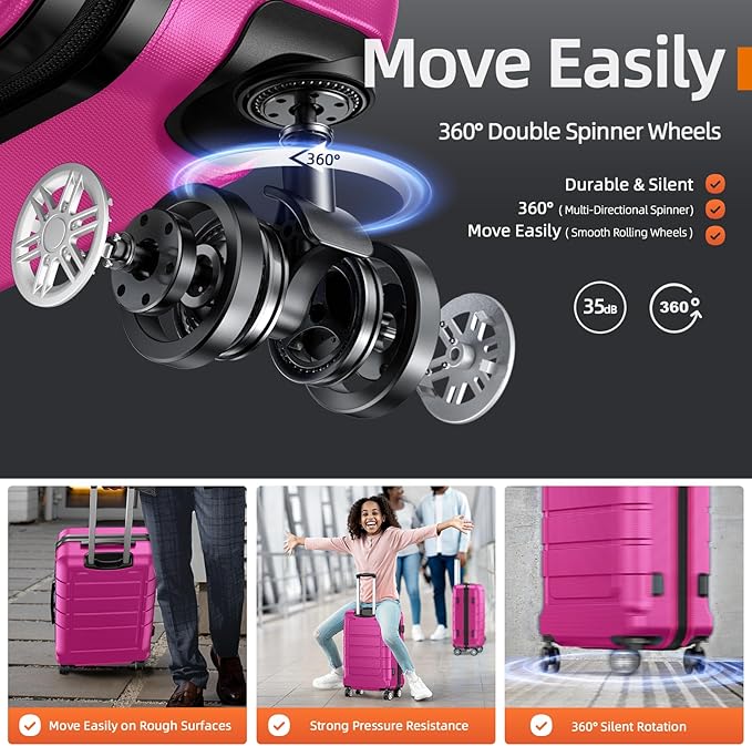 SHOWKOO Full PC Hardshell Luggage Sets, 20/24/28 In Suitcase with TSA Lock & Spinner Wheels, Lightweight Durable Travel Luggage Megenta
