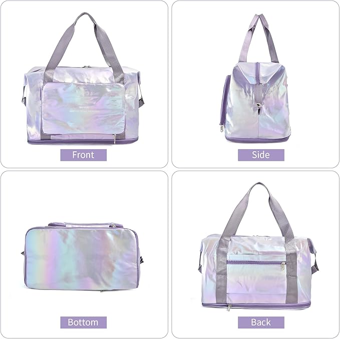 IwIeIaIrI Weekender Overnight Bags for Women Men,Waterproof Lightweight Foldable Gym Duffel Dance Bag for Girls Kids Women Weekend Travel with Laser Color (Purple)