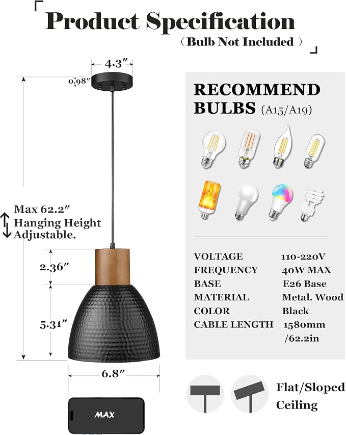 ELYONA Industrial Hammered Pendant Light 7” Small Solid Wood Hanging Lamp with Hammered Metal Shade, Farmhouse Pendant Light Fixtures for Kitchen Island, Dining Room, Bedroom, Office, Modern Black