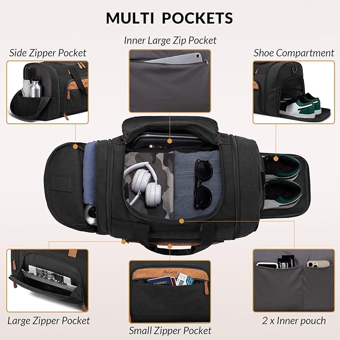 Canvas Duffle Bag for Travel 50L Expandable Travel Duffel Bags for Men Women Weekender Overnight Bag with Shoes Compartment - Dark Grey