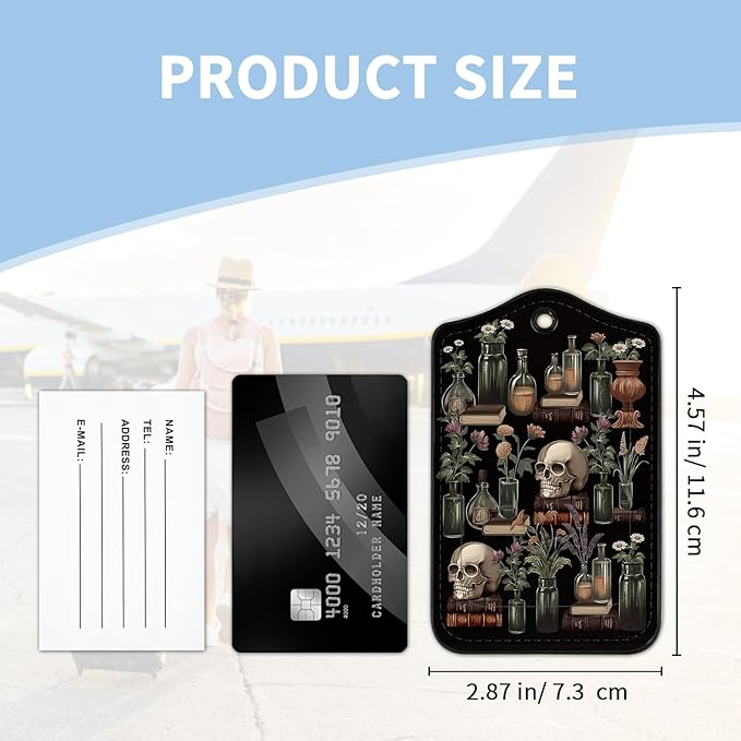 2 Pcs Luggage Tag for Suitcases, Skull Book Plants Funny PU Leather Suitcase Tag Privacy Cover ID Label with Metal Loop, Personalized Baggage Identifier for Women Bag Travel Essentials