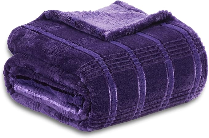 Soft Cozy Plaid Fleece Throw Blanket, 50x60 Inches – 3D Jacquard Diamond Design, Lightweight Blanket for Couch, Sofa, Camping & Travel, Pueple