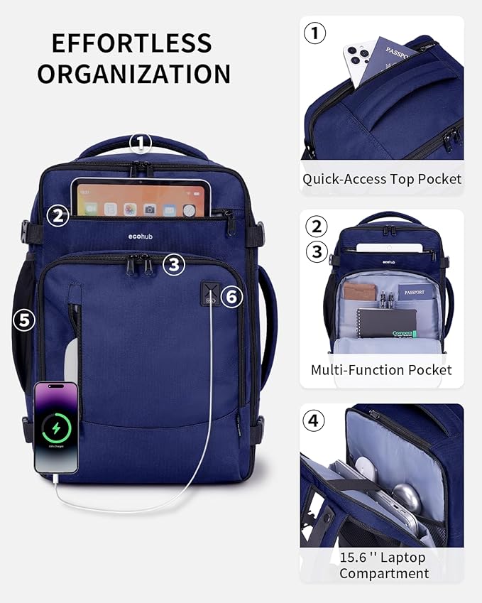 ECOHUB 17" Small Travel Backpack, United Airlines Personal Item Bag 17x10x9 with 16 Pockets, Water Resistant Rucksacks Fit 15.6" Laptop, AirTag Pocket, Lightweight Casual Daypack, 25L, Blue