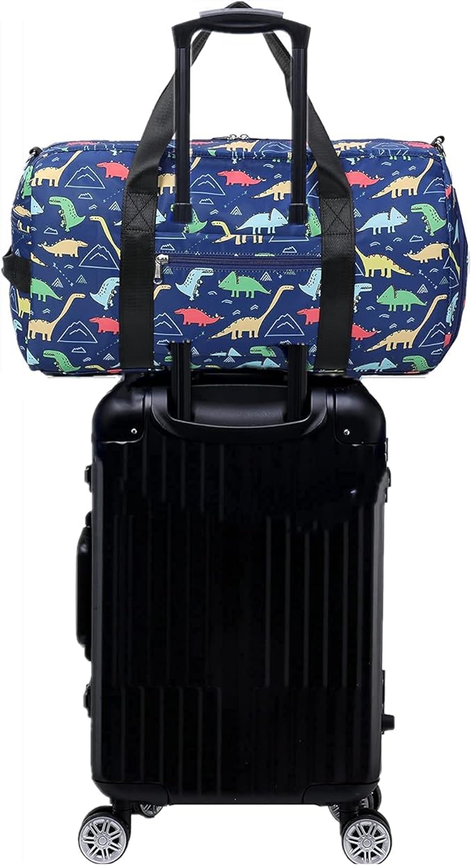 CAMTOP Kids Overnight Duffel Bag for Boys and Girls Carry-On Size Tote for Travel Gym Sport (Navy Dinosaur) 18.1"L* 9.1" H* 8.7"W