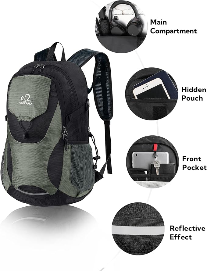 WATERFLY Lightweight Packable Hiking Backpack: 30L Foldable Travel Daypack Ultralight Camping Day Pack for Woman Man