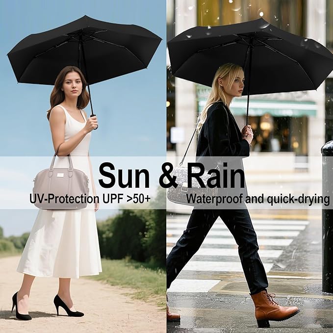 Windproof Compact Travel Umbrella,Large Strong but Light Portable and Automatic Folding Rain Umbrella, small inverted for travel size