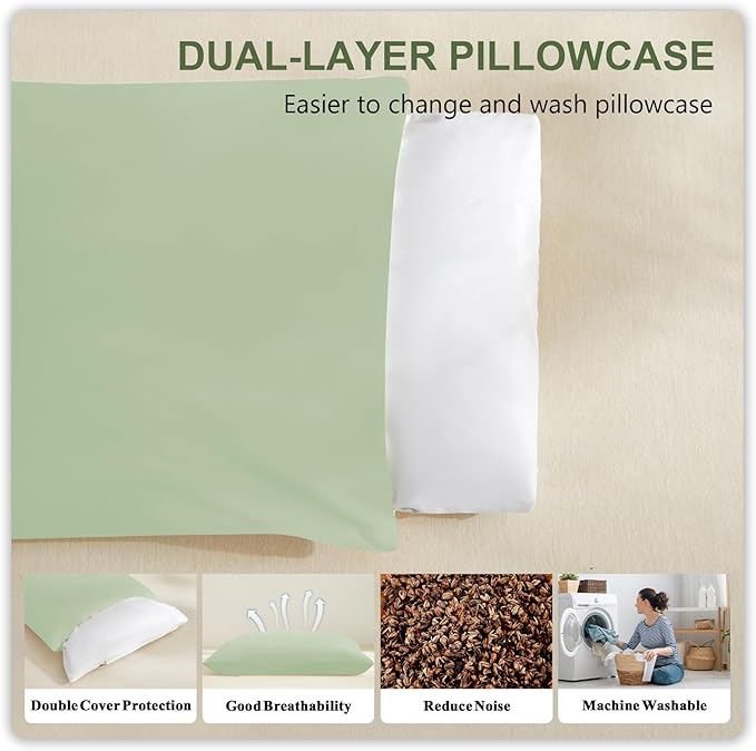Organic Buckwheat Pillow for Sleeping with Dual-Layer Pillowcase and Extra Tartary Buckwheat Hulls, Adjust Height and Firmness, Neck Support Pillow for Back and Side Sleepers 20"x26", Sage Green