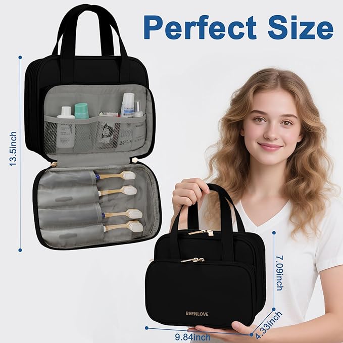 Travel Toiletry Bag, Water-resistant PU Leather Makeup Bag with Multiple Compartments, Large Capacity Makeup Organizer Bag with Handle for Accessories, Essentials, Toiletries, Black