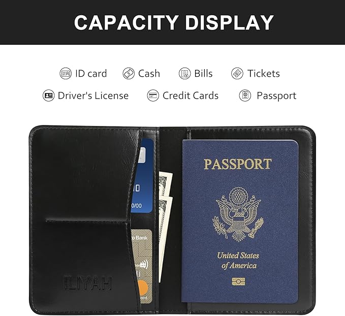 ILIYAH-Passport Cover-Passport Holder Travel Wallet-RFID Blocking Passport Case Travel Accessories Card Holder Wallet Unisex Travel Gifts (Jet Black)