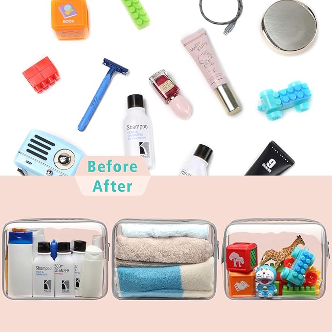 F-color TSA Approved Toiletry Bag 3 Pack Medium - Clear Makeup Bag Travel Quart Size for Women Men, Clear Cosmetic Bag Airport Airline Compliant Carry on Bag, Light Grey