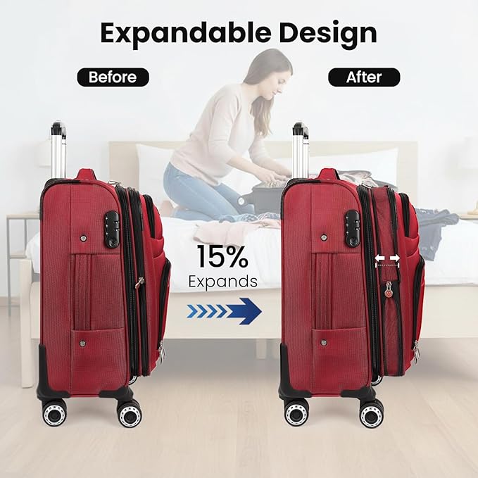 Softside Luggage Sets 2 Piece,Expandable 15% Lightweight Durable Suitcase Sets Double Spinner Wheels w/Combination LOCK （Red,20in/26in）
