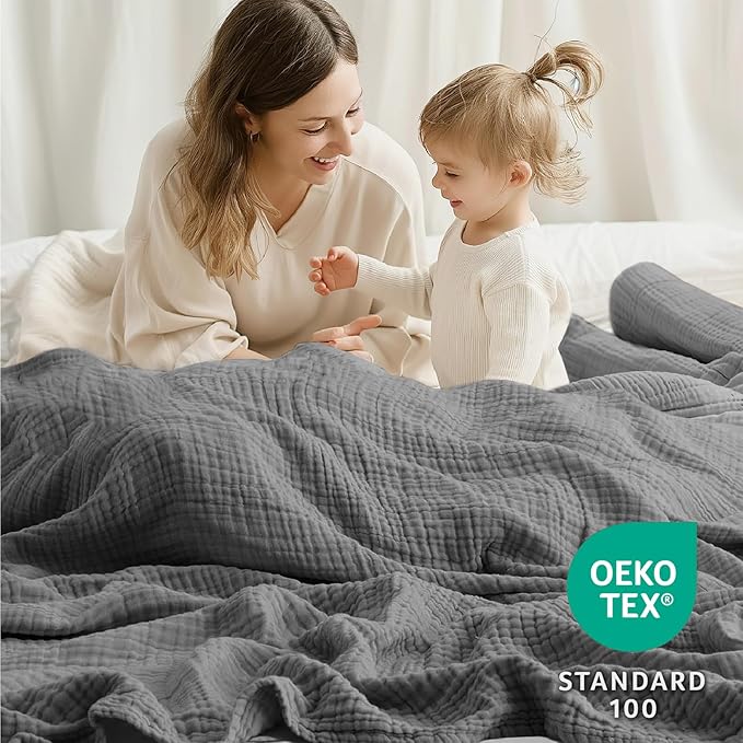 100% Cotton Muslin Blanket Large 50" x 70", Breathable and Lightweight Cotton Throw Blanket for Bed and Couch, Soft Cooling Summer Gauze Blanket for Adults All Season, Dark Grey