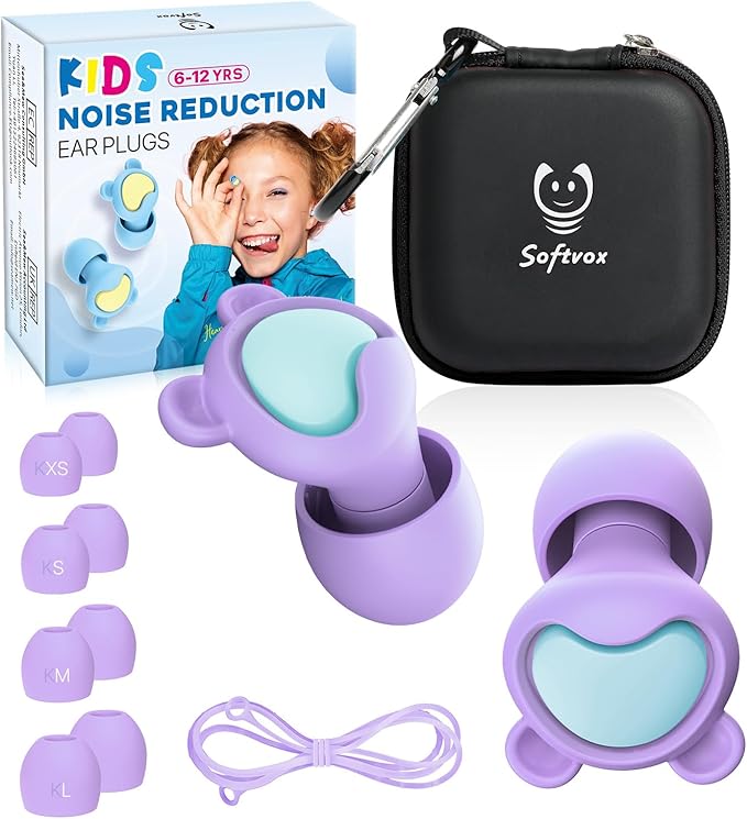 Kids Ear Plugs (6-12 Years) with Cord, Kids Ear Protection Reusable Noise Relief Earplugs for Focus, Travel, Concert, Socializing, Events, Sleep, Anxiety, Home, School, Playtime -26dB Noise Reduction