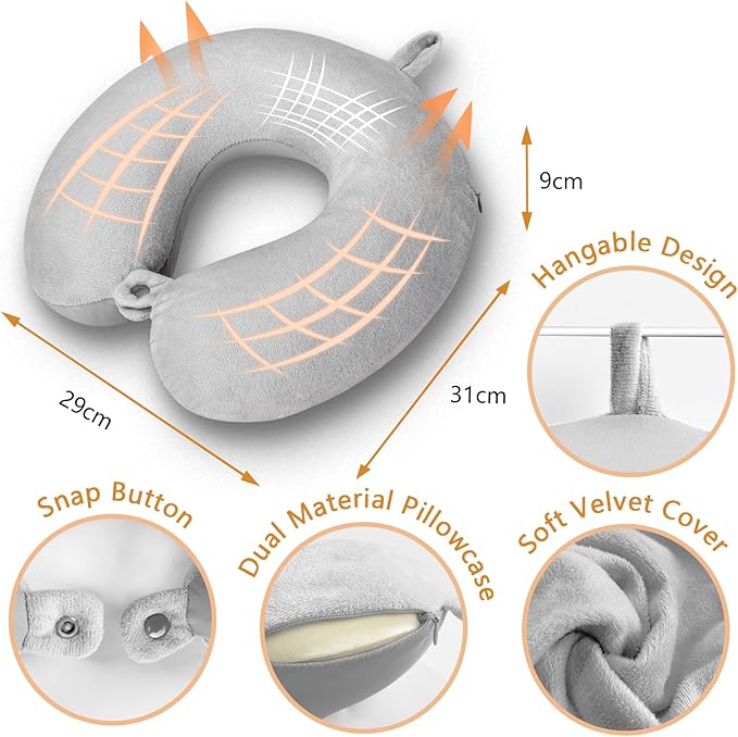 Travel Pillow, Memory Foam Neck Pillow for Traveling Winter Summer, U Shape Neck Pillow Airplane Portable Flight Pillow Adult Travel Neck Pillow for Plane Train Car Home Office - Grey
