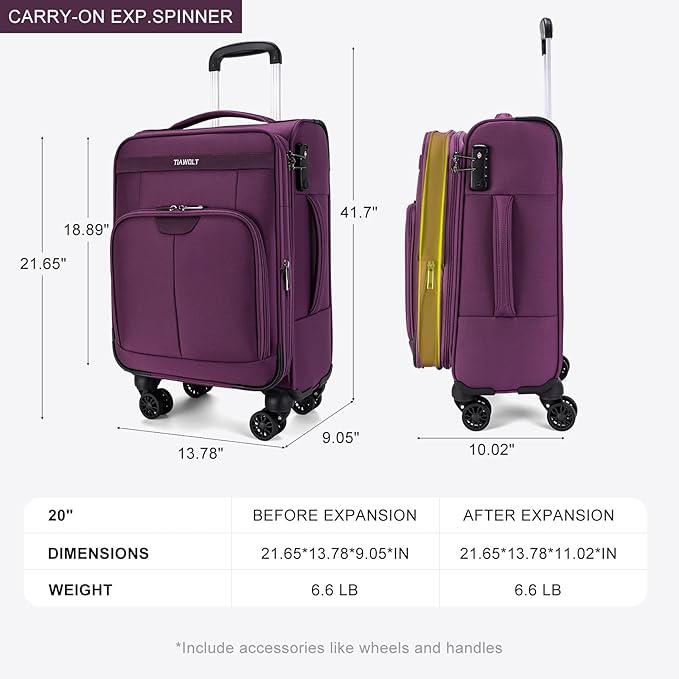 Carry on Suitcase 22x14x9 Airline Approved,20 inch Lightweight Suitcases with 360° silent swivel wheels, TSA Lock and Compartment, Large Capacity travel Suitcase-Purple