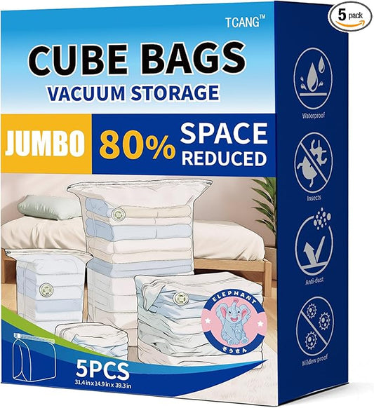 5 PACK Cube Vacuum Storage Bags,Jumbo Cube (31.4 * 39.3 * 14.9 Inch), Extra Large Vacuum Seal Bags for Clothing, Comforters, Blankets, Bedding, Closet Organization Space Saving