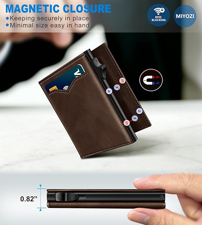 miyozi Wallet for Men,with Cash Pocket 2 ID Window 9-13 Cards,Metal Case Smart Slim Pop Up Credit Card Holder Flip with Magnetic Closure RFID Blocking Trifold wallet with Gift Box