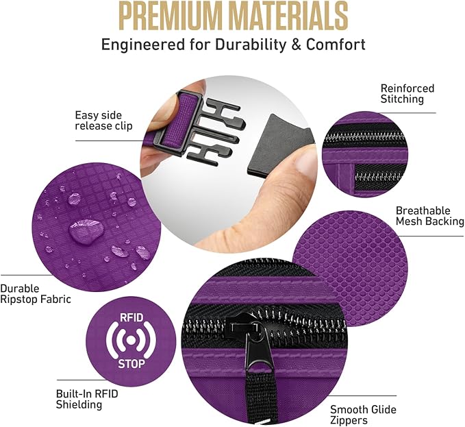 VENTURE 4TH Money Belt for Travel – Hidden Under-Clothes RFID Blocking Passport Holder & Slim Travel Wallet Pouch for Men & Women to Protect Cash, Cards & Documents (Purple)