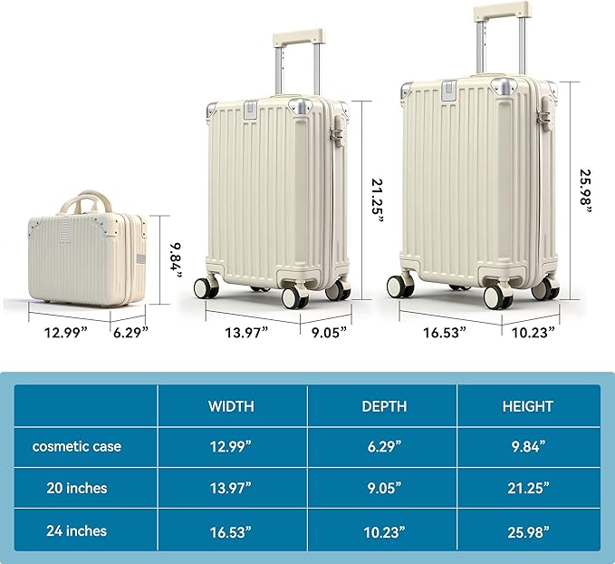 Carry On Luggage with Spinner Wheels,PC Hard Shell Suitcase with USB Port,Lightweight Travel Luggage Airline Approved for Men Women,White,3-Piece Set (14/20/24)