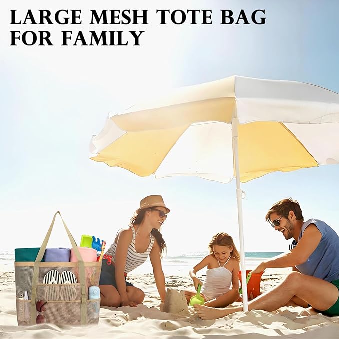 Fammart Mesh Beach Bag, Large Beach Tote with Zipper Pocket, Toys Pool Bag for Family Travel Vacation Cruise Essentials