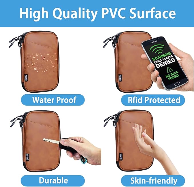 family passport holder for 4 passport wallet for travel passport cover rfid blocking for women waterproof wallet with zipper airtag passport case for men multiple passport bag (BROWN)
