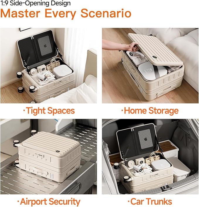 Top Opening Expandable Lightweight PC Hard Shell Suitcase, 20 Inch Carry On Luggage with TSA Lock, 360 Silent Spinner Wheels, Cup Holder, Ideal for Business Travel Suitcase (Beige)