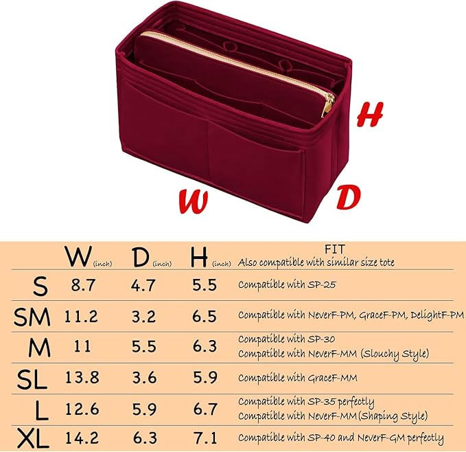 DailyPlus Purse Organizer Insert with Zipper Felt Bag Organizer Handbag Organizer Insert Bag in Bag Organizer with Key Chain for Tote Purse Bag Dark Red X-Large