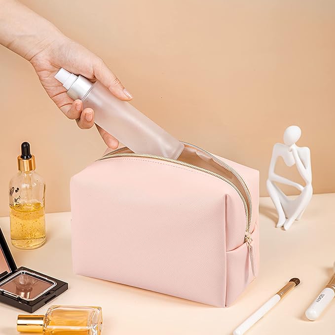 GFU Makeup Bag Large Travel Zipper Cosmetic Pouch, Water Resistant PU Leather Toiletry Organizer for Women and Girls, Light Champagne Pink