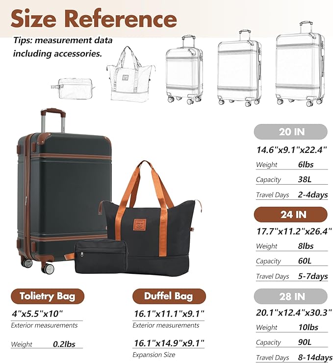 Merax 24 Inch Checked Luggage, Expandable Suitcase with Spinner Wheels, Hard Shell Vintage Luggage Set with TSA Lock(Black)