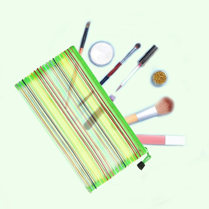Mesh Bags with Zipper (6 Pack), Nylon Makeup Bag Cosmetic Pouches Travel Organizer Case for Purse Diaper Bag Home Organizing Striped Multi Size Green