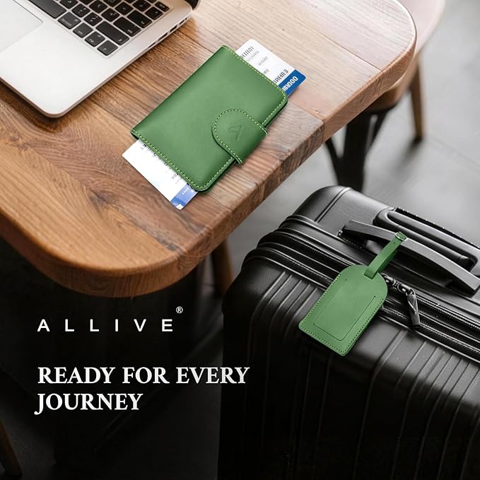 ALLIVE Rfid Passport Holder for Travel Women, Rfid Passport Cover Wallet, Genuine Leather Passport Holder for Travel with AirTag Hidden, Gift Set with Luggage Tag in Premium Gift Box (Avocado Green)