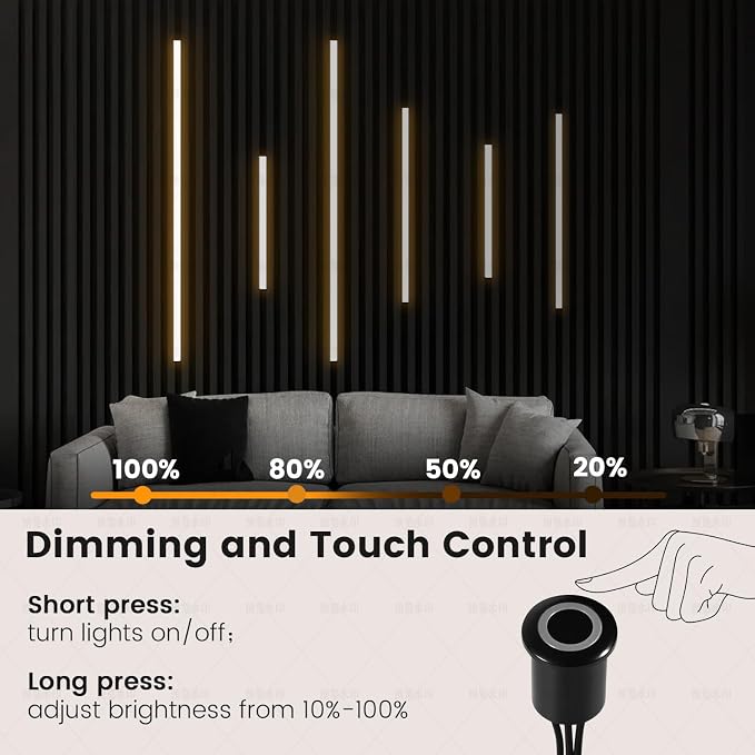 LED Recessed Lighting Kit for Wall Panels 6pcs Slat Wall Lights | Adhesive Wall Strip Lights for Interior Wall Decor, 3000K Touch Switch Lamp for Wood Slat Panels, Wall Accent Acoustic Panels