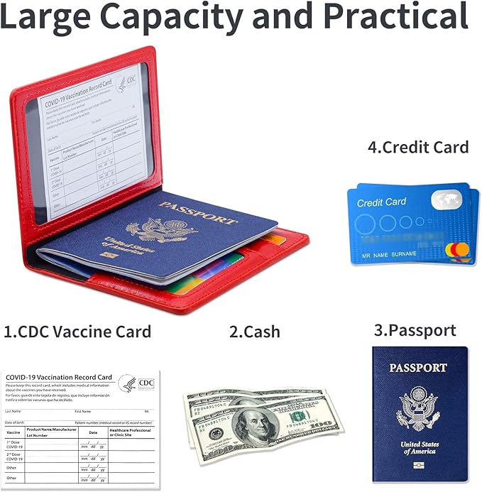 Passport Holder Cover Wallet Case RFID Blocking Leather Card Slot Travel Accessories Documents Organizer Protector for Women Men, Red