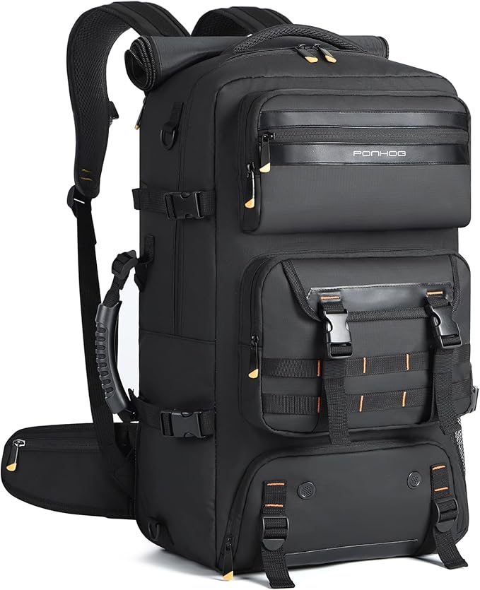 Ponhog Travel Backpack for Men, 50L Carry On Flight Approved Convertible Duffle Bag with Shoe Compartment, 17 inch Laptop Luggage with USB Charging Port for Weekender Hiking, Black