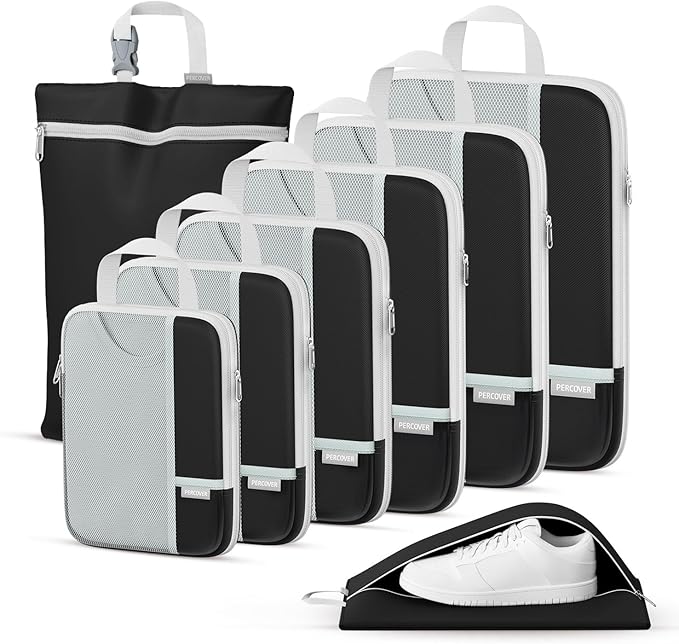 Percover Compression Packing Cubes 8-Piece Set, Packing Cubes Compression for Travel with Laundry Bag & Shoe Bag, Travel Organizer for Carry On & Checked Luggage, Black
