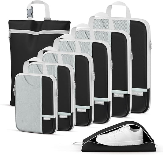 Percover Compression Packing Cubes 8-Piece Set, Packing Cubes Compression for Travel with Laundry Bag & Shoe Bag, Travel Organizer for Carry On & Checked Luggage, Black