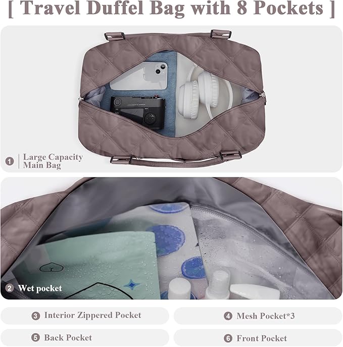 HYC00 Travel Duffel Bag,Carry-on Overnight Weekender Bags for Women,Sports Tote Gym Bag with Wet Pocket