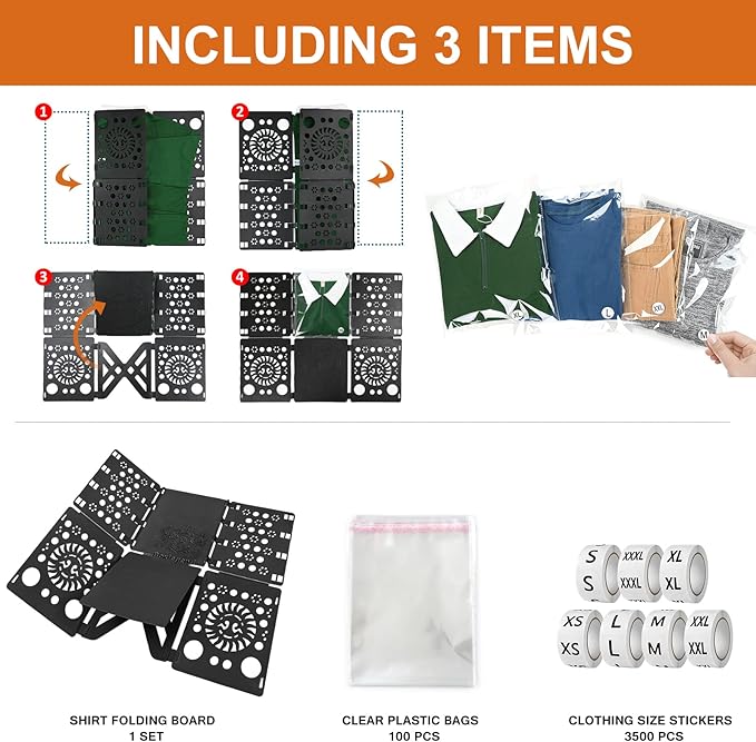 BoxLegend Shirt Folding Board V3 with 11x14 inches Shirt Bags Pack of 100 and Stickers 7 Sizes 3500 PCS Size Stickers for Clothing Folding Board Tshirt Bags for Small Business