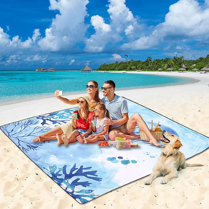 HIHOHO Beach Blanket Waterproof Sandproof Beach Mat for 1-8 Adults Quick Drying Durable Outdoor Picnic Mat for Beach Festival Travel Camping Hiking (Jellyfish, 79"×83"(4 Person))