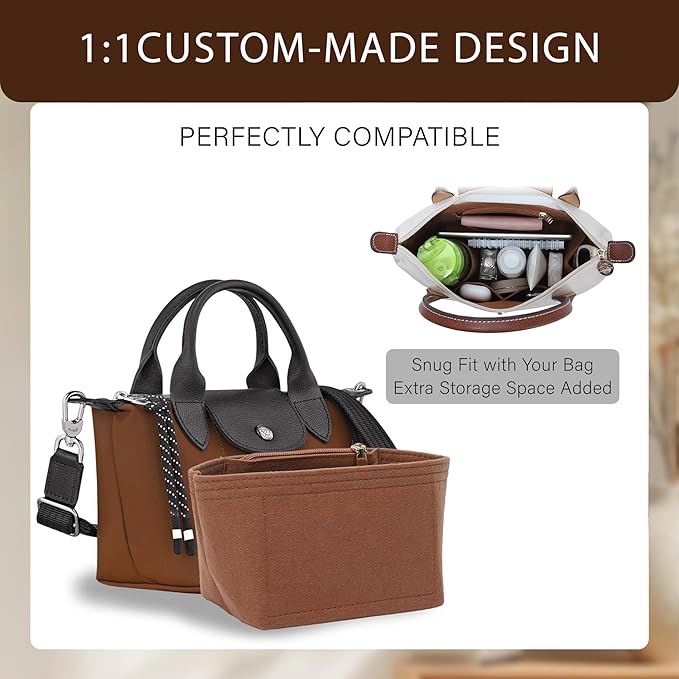 Premium Felt Purse Organizer Insert for Longchamp Le Pliage Energy/Xtra -XS, Zipper Long Champ Bag Organizer Insert with 4 Compartments