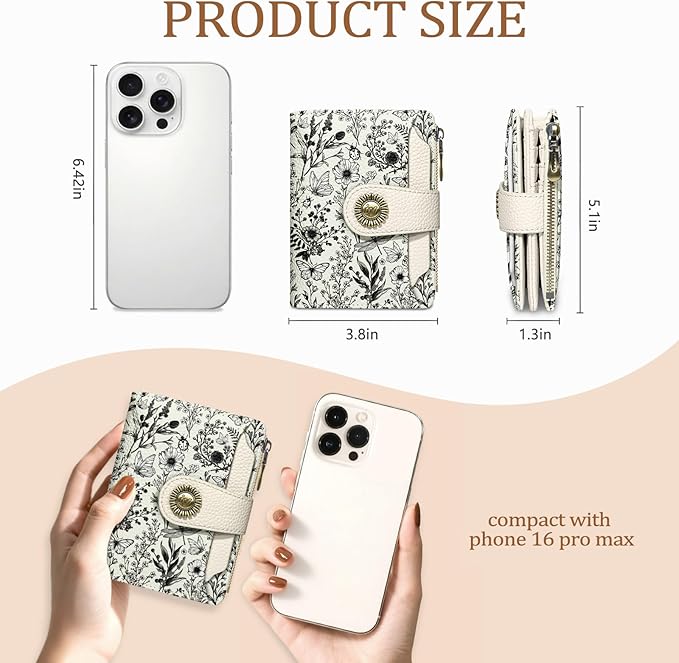 Icycay Flowers Floral Small Wallet Women RFID Blocking Bifold, Credit Card Holder, Zipper Coin Pocket, PU Leather, Compact, Travel, 4 ID Window, 14 Card Slots, Cash Purse, Ladies Woman Female Girls