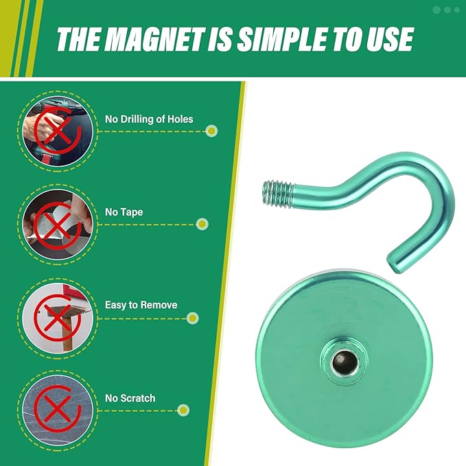 Neosmuk Magnetic Hooks Heavy Duty,Strong Magnet with Hook for Fridge, Super Neodymium Extra Strength Industrial Hooks for Hanging, Magnetic Hanger for Toolbox, Cruise, Grill(Green,6 Pack)