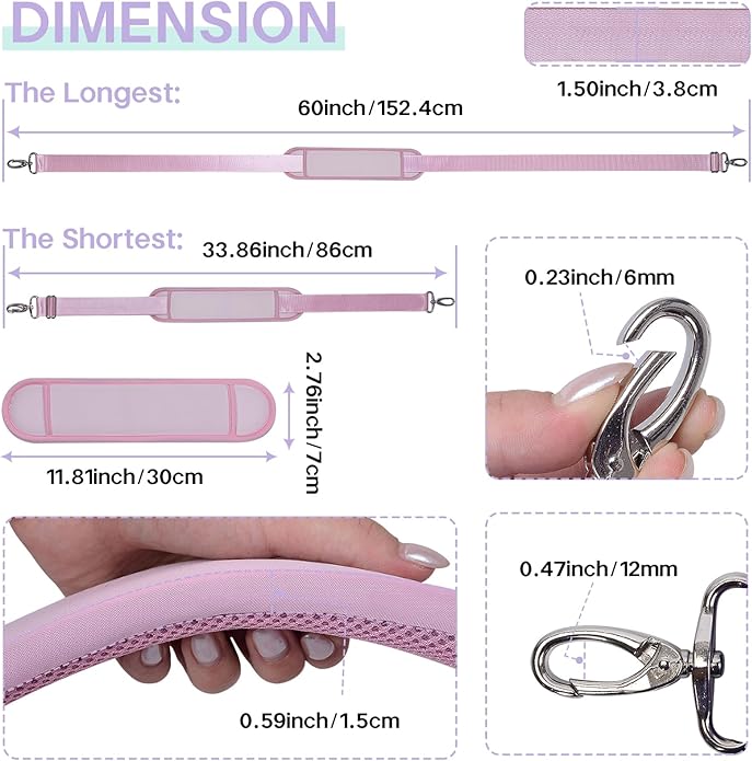 60 Inch Shoulder Strap with Removable Ultra-Thick Pad，Adjustable Buckles and Metal Hooks